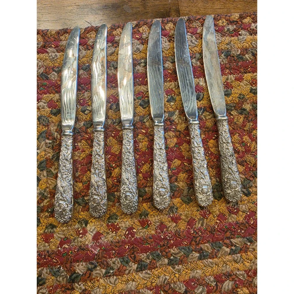 Godinger Silver Art Co Floral Repousse Dinner Knives Set of 6 Silver Plated Rose